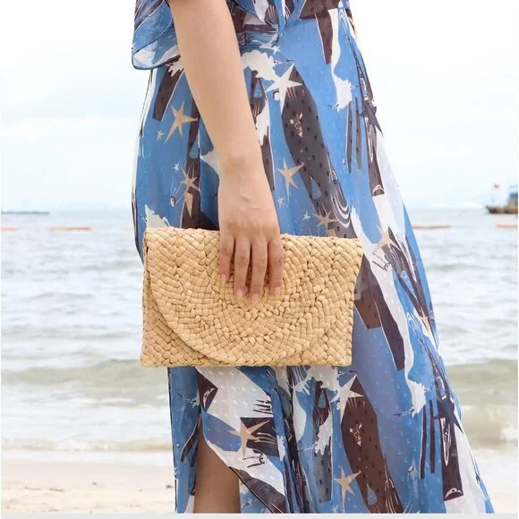 Straw Clutch Purses for Women Summer Beach Bags Envelope Woven Clutch Handbags - Picture 7 of 9
